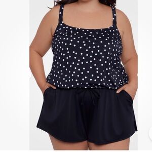 Swim Solutions 22W Plus Size Polka Dot Swim Romper One Piece Black White NWT